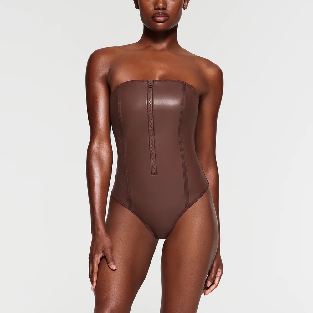 SKIMS Rubberized Scuba Swim Cocoa strapless one piece swimsuit